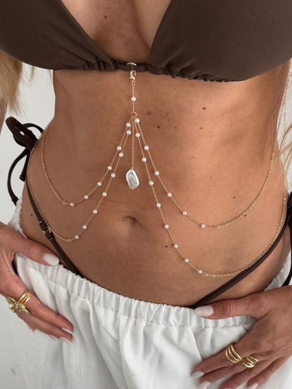 Gold Pearl Body Chain with Baroque Pendant - Women Jewelry R 483